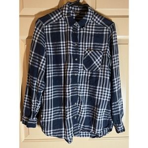 EDDIE BAUER Womans Size Medium Blue Plaid Roll Tab Sleeve Button Shirt